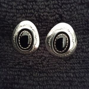Silver and Black Oval Earrings